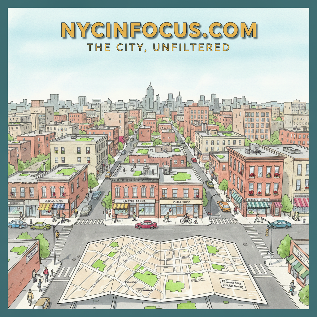 Editorial-style illustration of western Queens showing Queens Boulevard and Northern Boulevard with green parcel shapes on a city planning map, representing 47 Queens Community District 2 properties listed in official city records for possible acquisition and site selection for park use ahead of a June 2026 City Planning Commission public hearing.