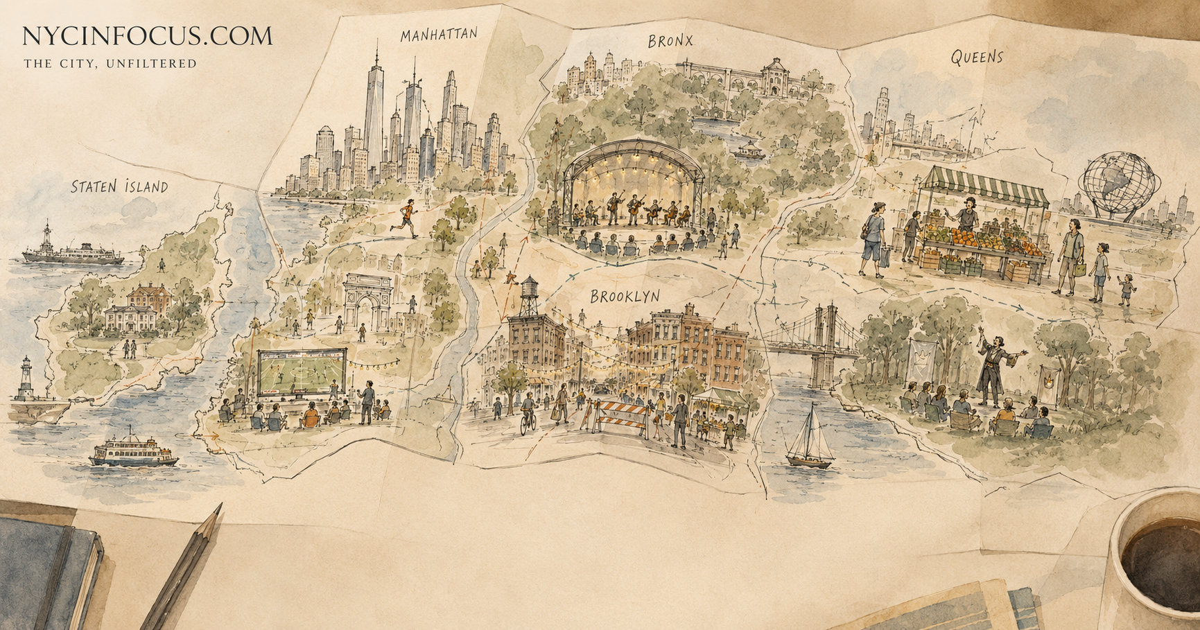 Illustrated NYC weekend events map showing the five boroughs with markets, parks, concerts, block parties, outdoor movies, and waterfront activity.