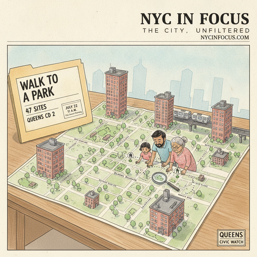 NYC In Focus editorial illustration of a western Queens map showing proposed property acquisitions for the Walk to a Park initiative.